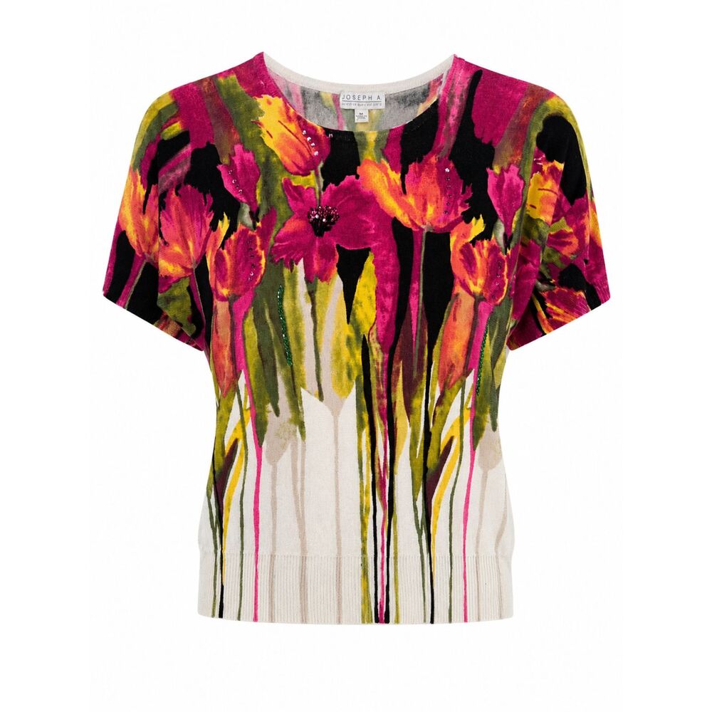 Joseph A Floral Knit Top Womens Medium Beaded Short Sleeve Sweater - Picture 4 of 4